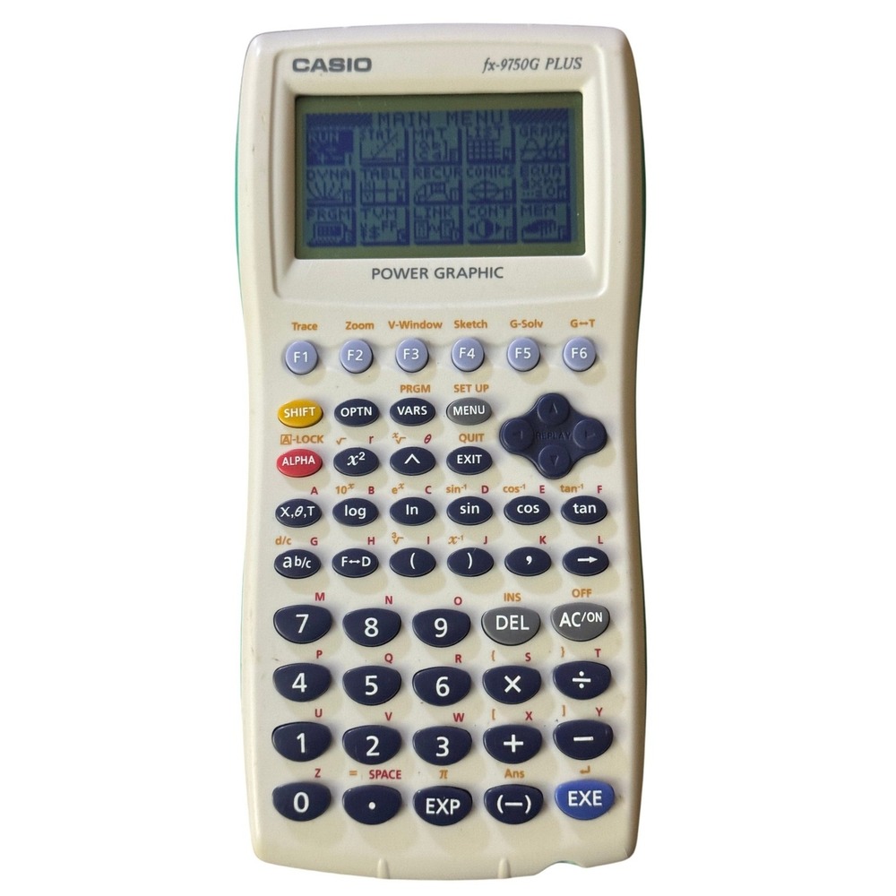 Casio fx-9750G PLUS Graphing Calculator White Teal Power Graphic with Cover
